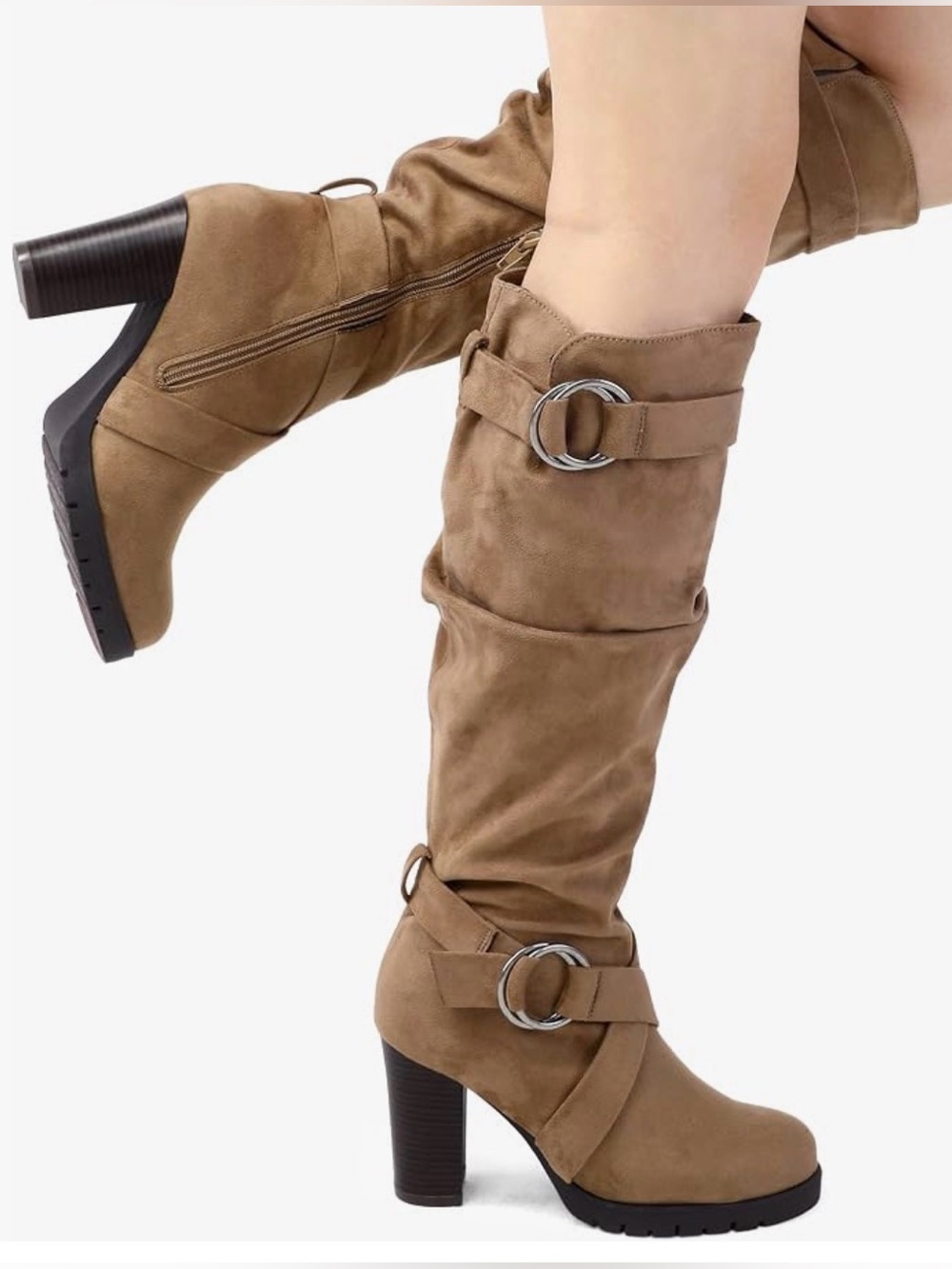 Mysoft Women's Suede Taupe Brown Knee High Boots Block Heel Side Zipper 7 NWT